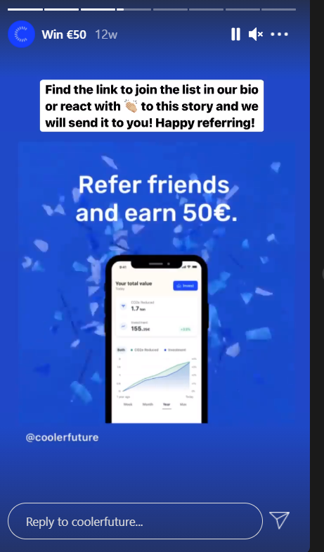 Uma imagem da conta do Instagram da Cooler Future mostrando sua campanha de referência pedindo aos espectadores para reagir com um simples emoji de aplauso. Por sua vez, seu gerente de mídia social enviaria o link da campanha para o DM do badalo.