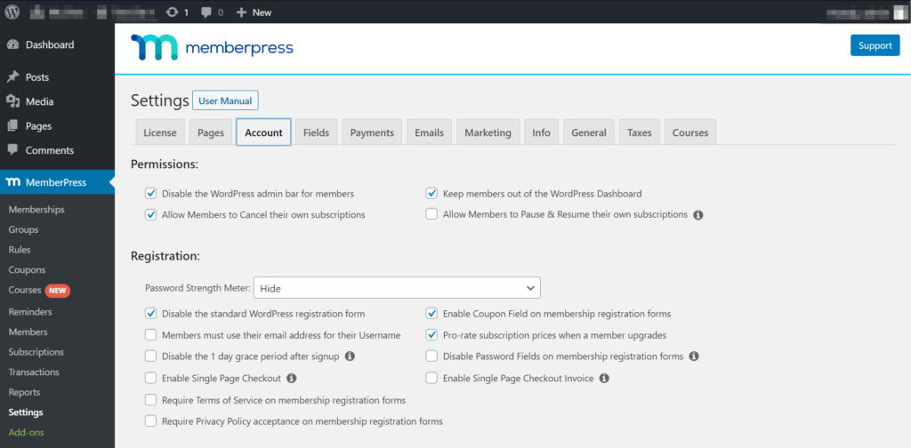 Uma captura de tela do MemberPress no painel do WordPress.