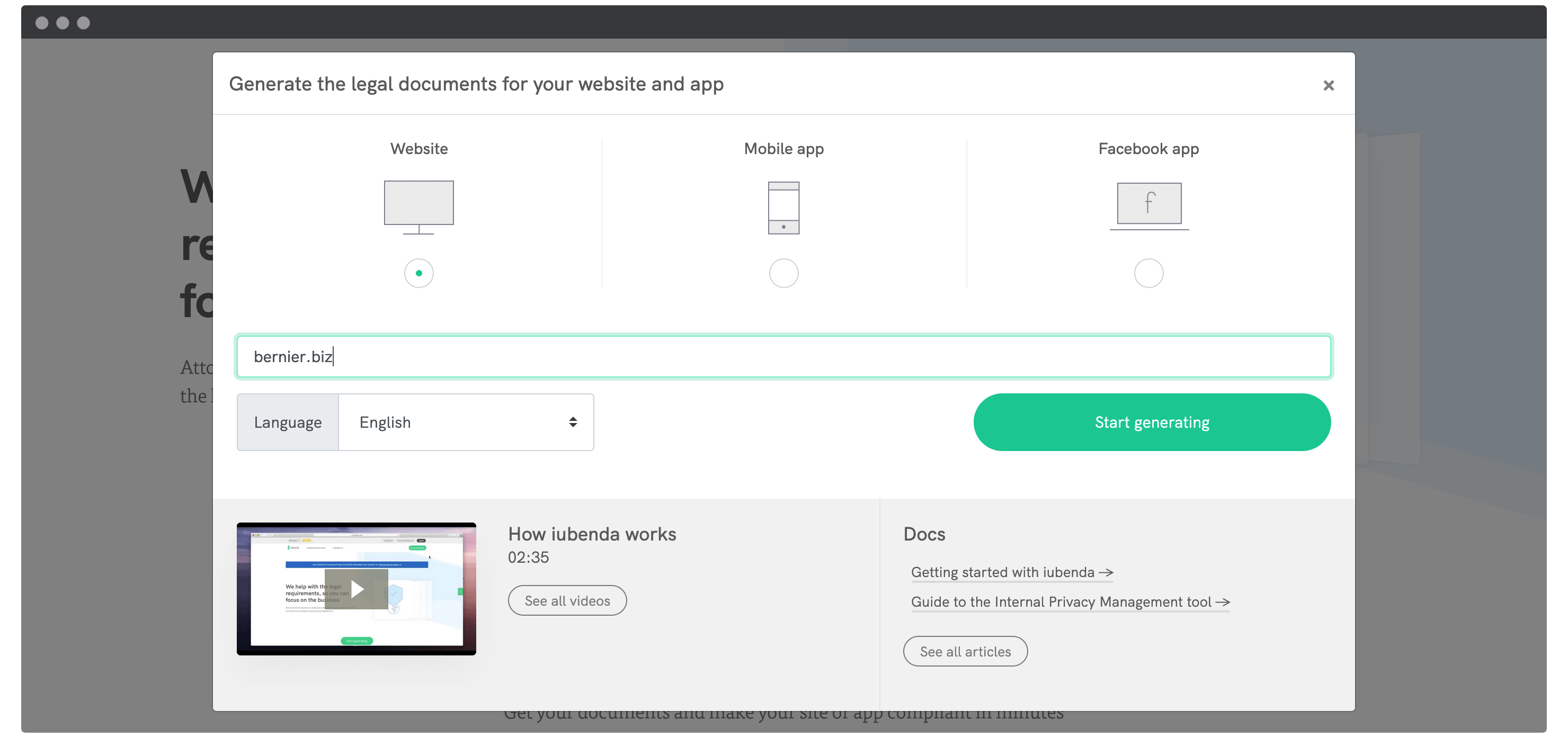 Creating a privacy policy within iubenda.