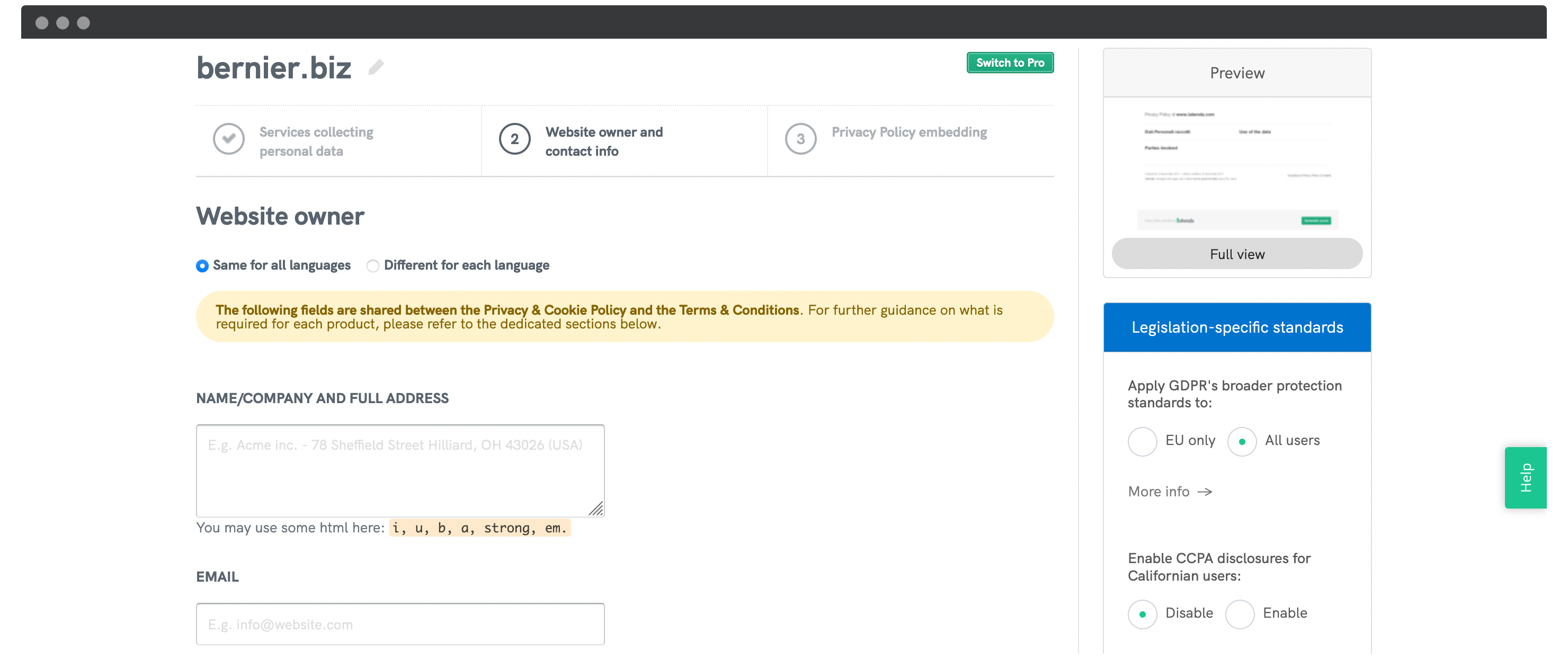 Adding company details to your iubenda privacy policy.