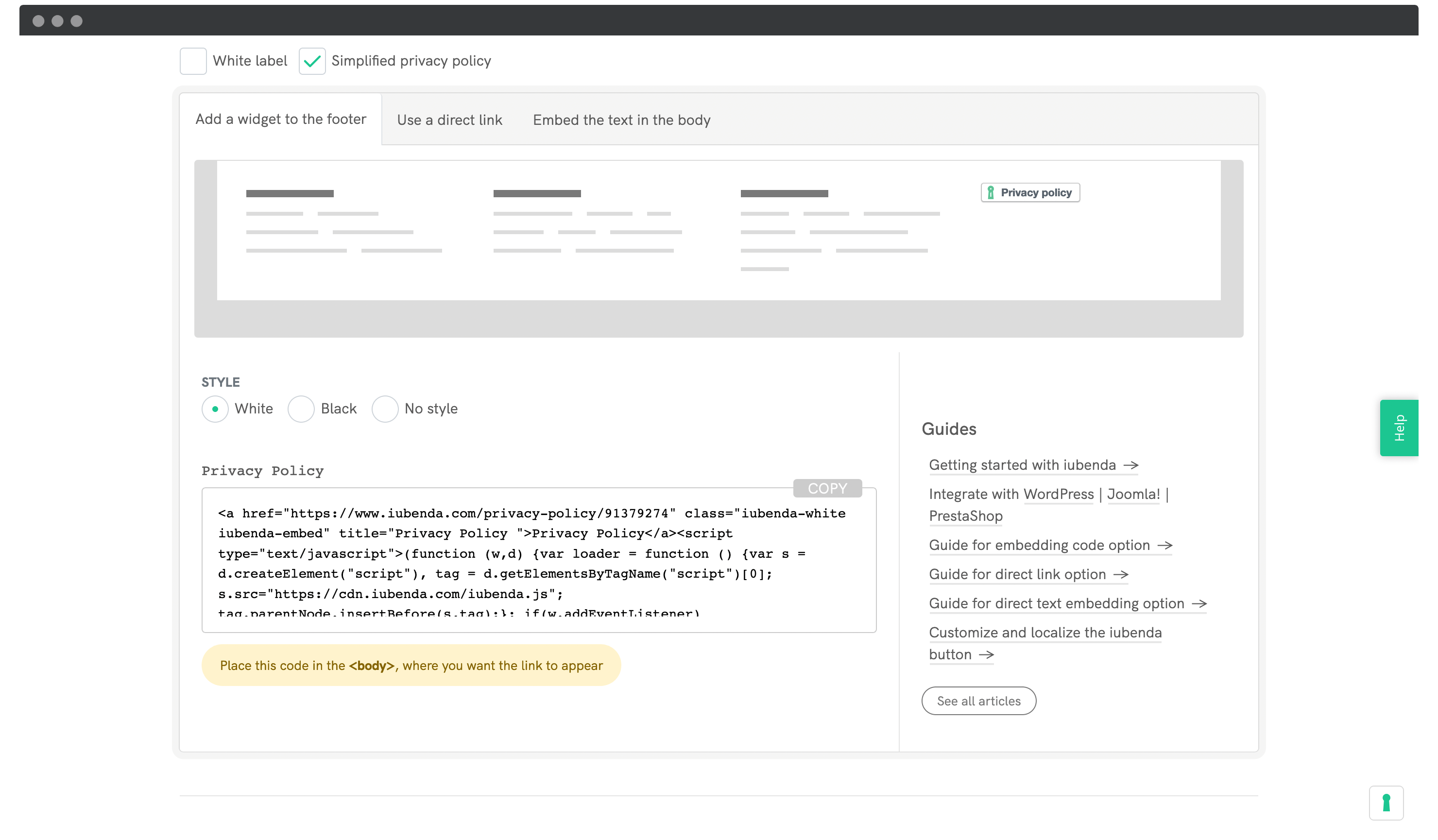 The embed code for your privacy policy.