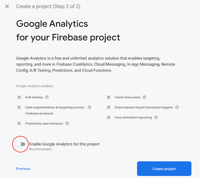 Desativar Google Analytics no Firebase