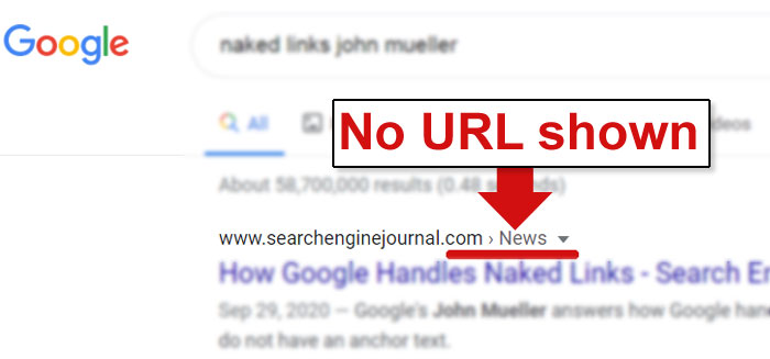 Captura de tela dos resultados de pesquisa do Google sem URLs discerníveis