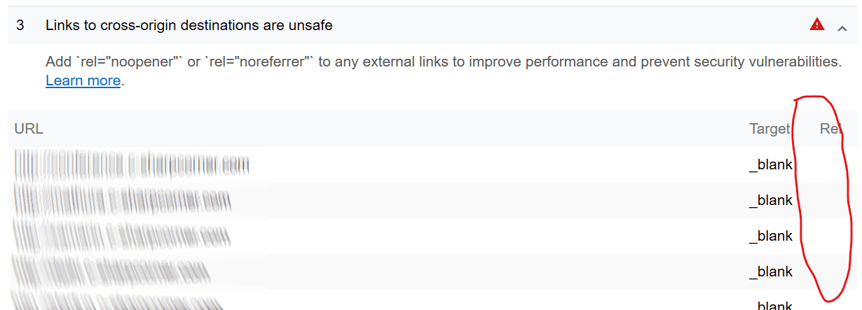 Lighthouse Reporting Unsafe Cross Origin Links