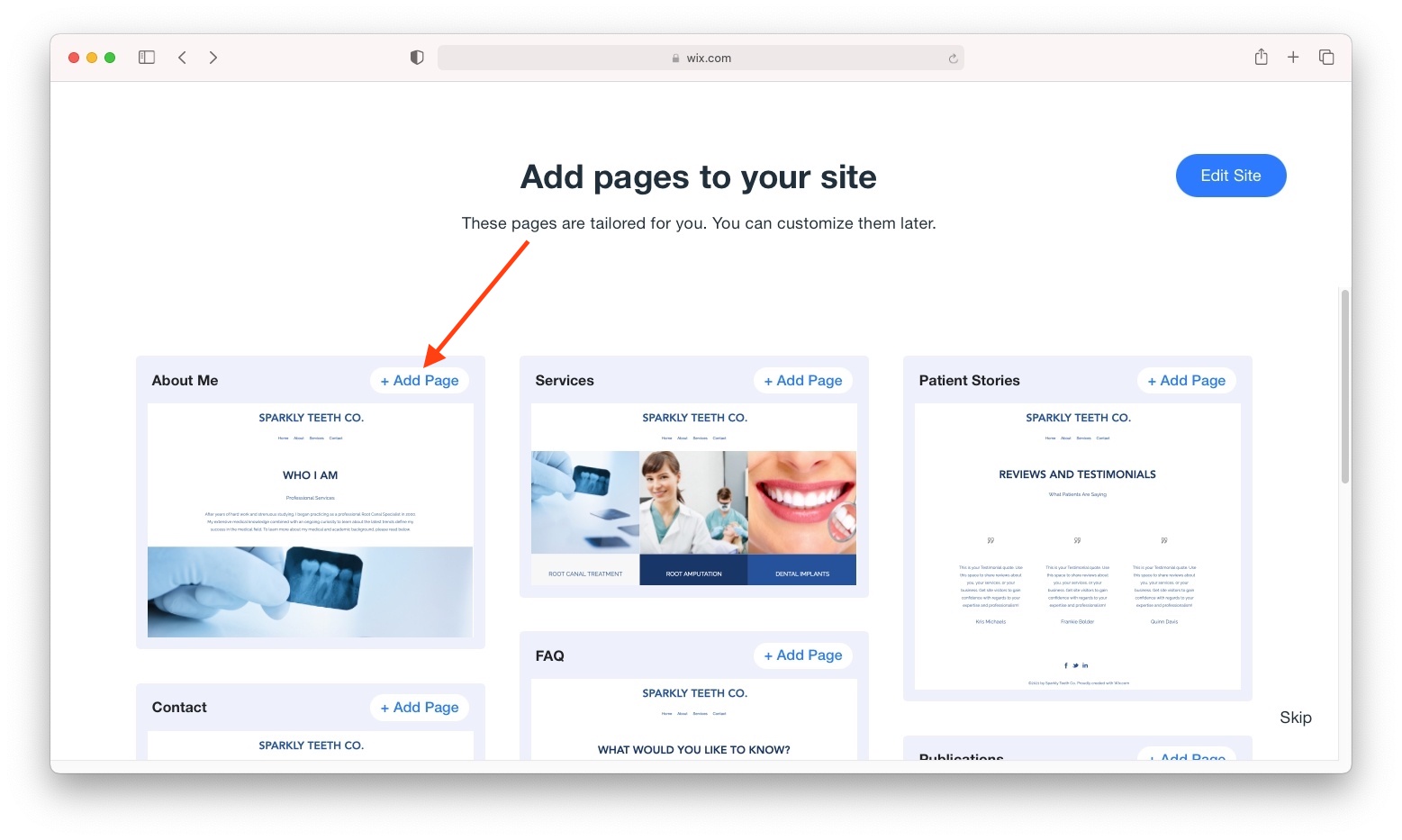 Adicionando páginas em um tutorial Wix.