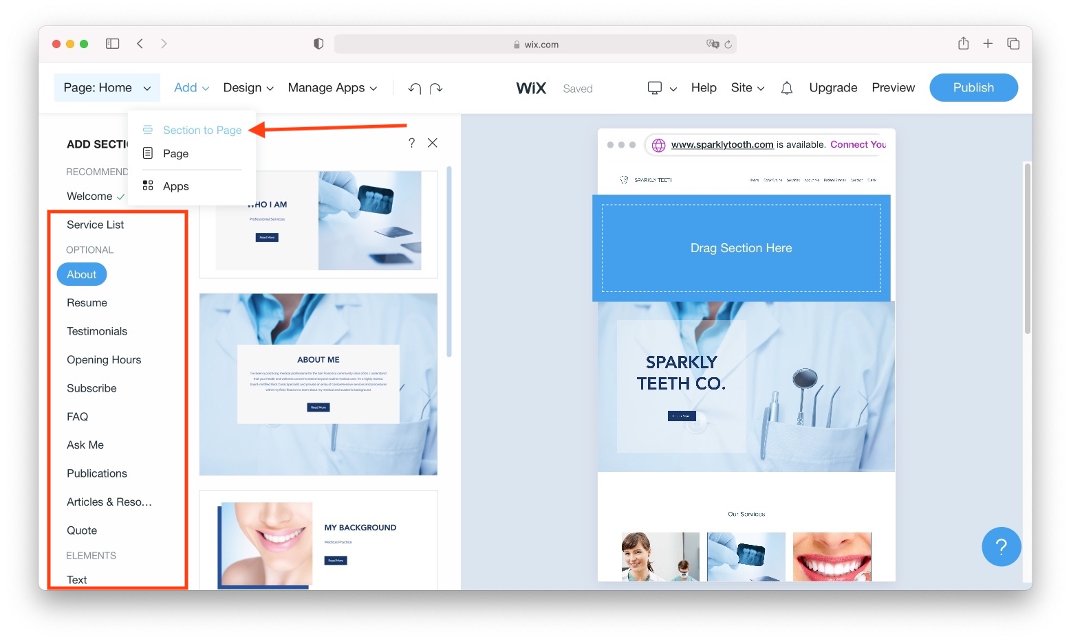 Tutorial Wix: adicionando seções.