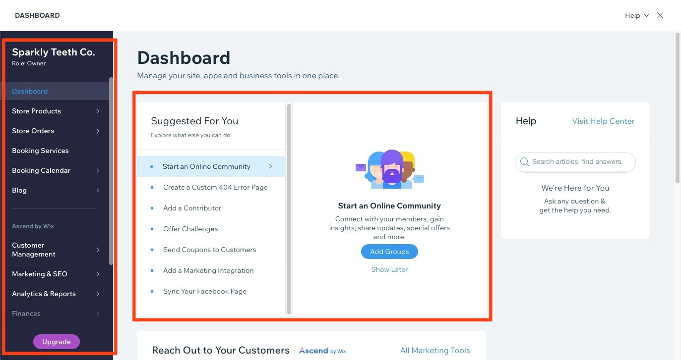 The dashboard options