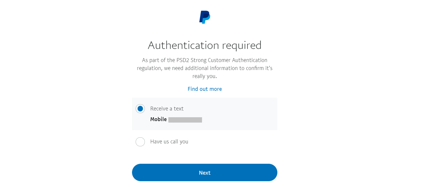 Exemplo de autenticação de dois fatores no site do PayPal.