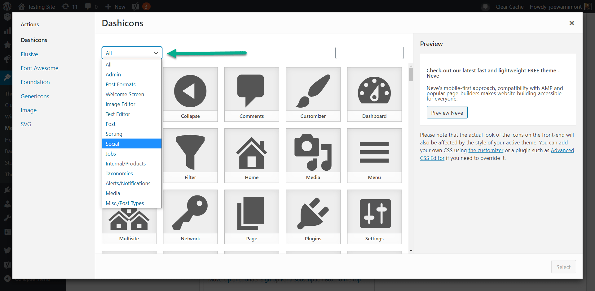 categories of WordPress menu icons