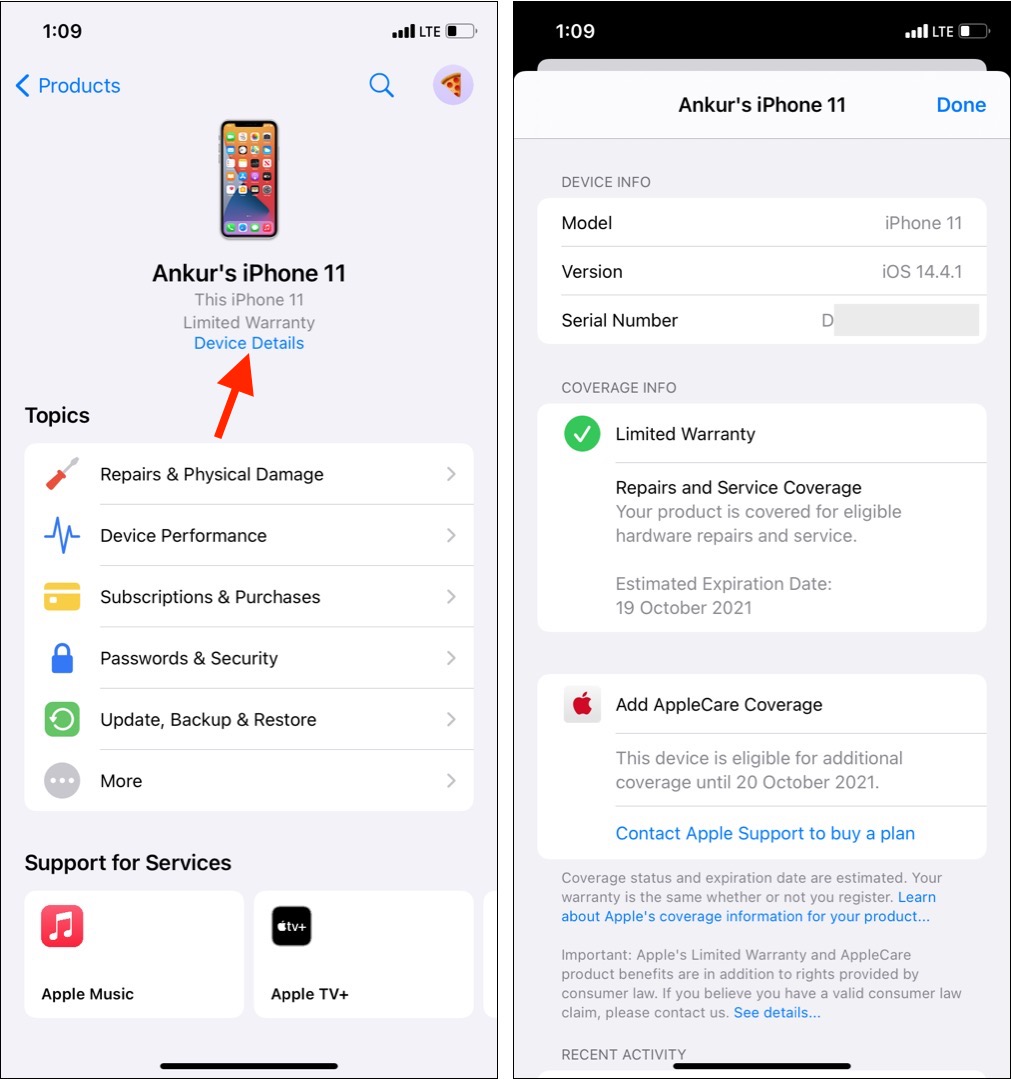 Verifique a garantia usando o aplicativo de suporte da Apple