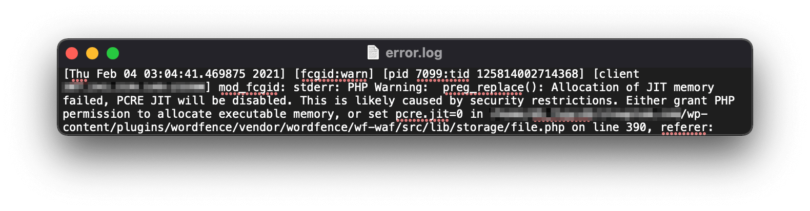 O error.log do WordPress.