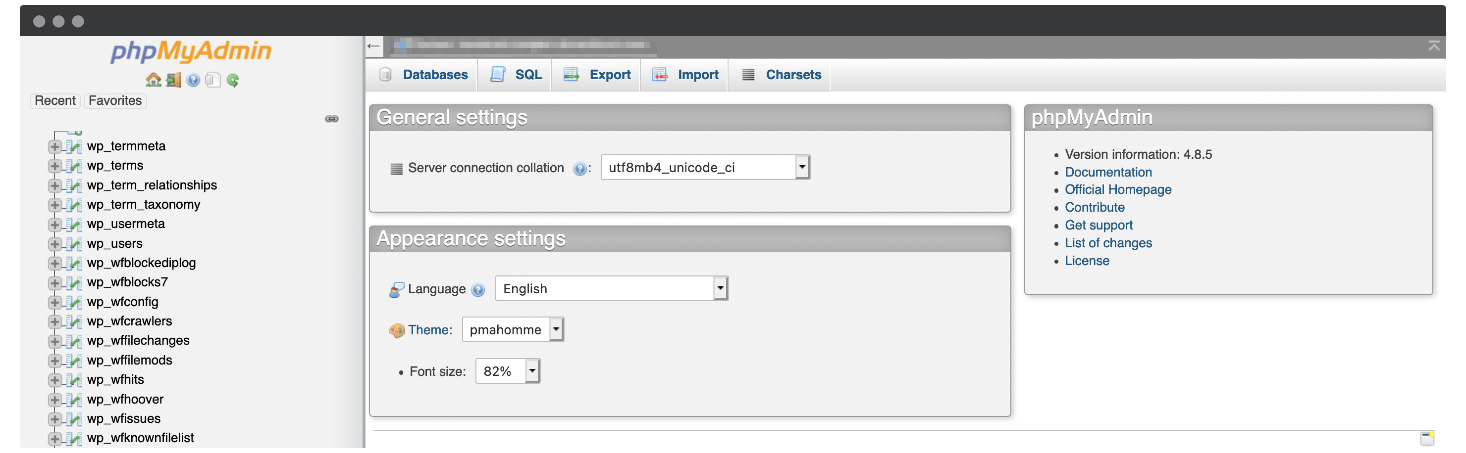 A tela phpMyAdmin.