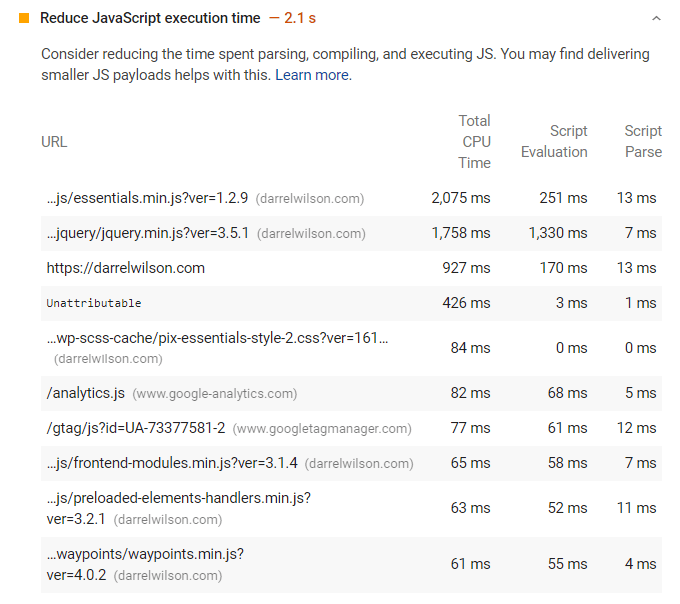 Reduzir o tempo de execução do JavaScript WordPress