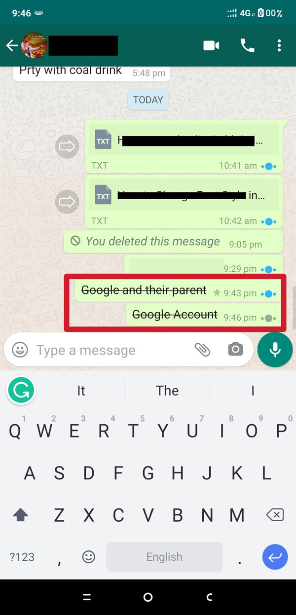 Agora enviou a mensagem, e será entregue no formato tachado. | Como alterar o estilo da fonte no WhatsApp