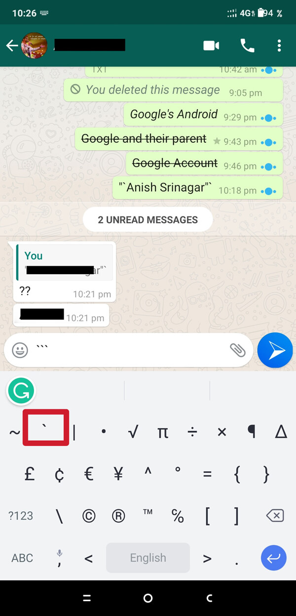 Agora, digite os três backquotes um por um antes de digitar qualquer outra coisa.