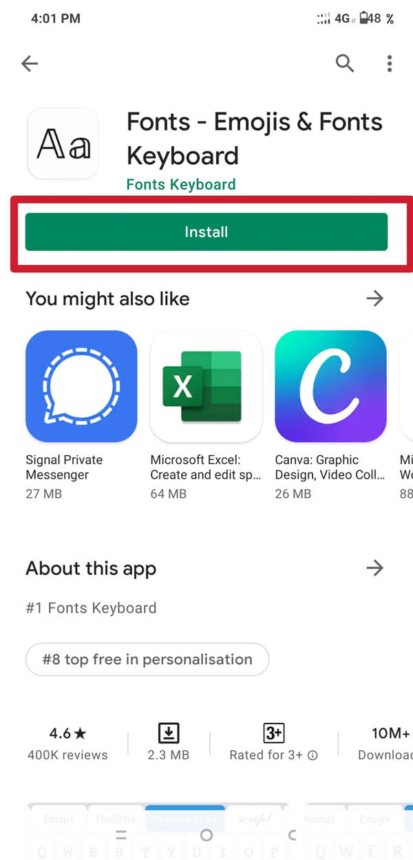 Digite Font App no barra de pesquisa e instale Fonts-Emojis & Fonts Keyboard da lista.
