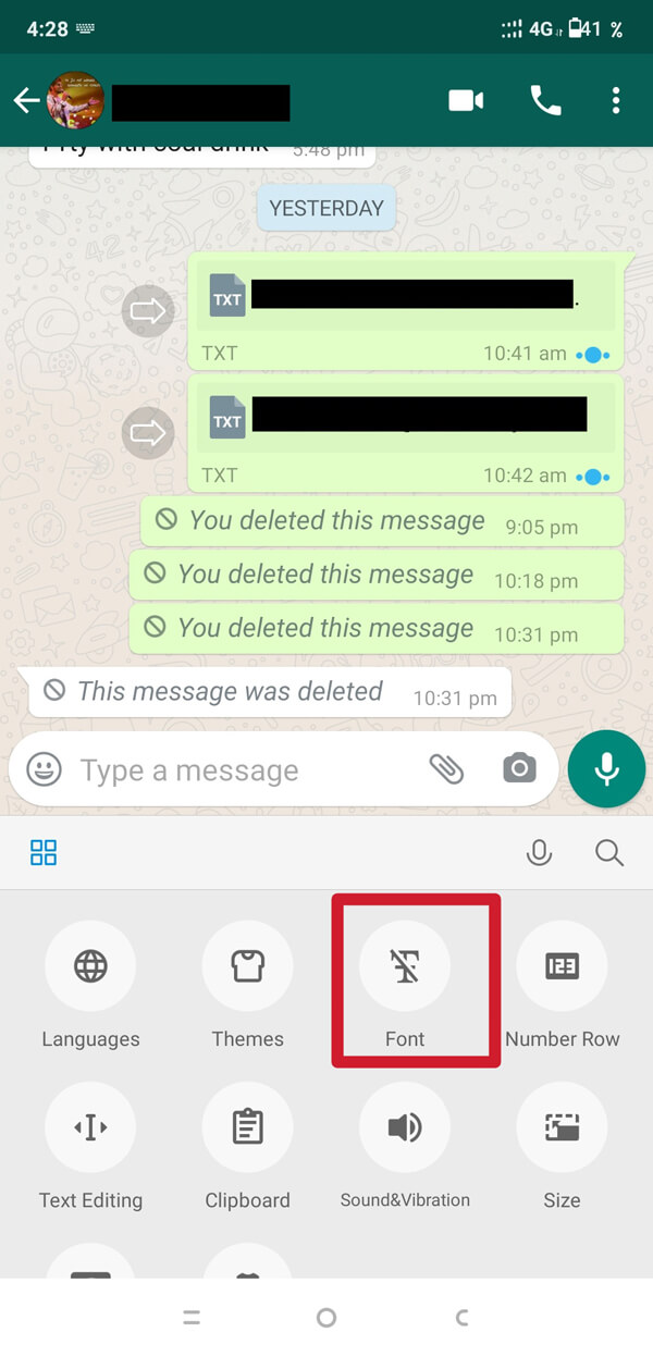 Toque na opção'Fonte'. | Como alterar o estilo da fonte no WhatsApp