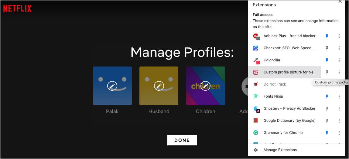 Abrir imagem de perfil personalizado de extensão para Netflix