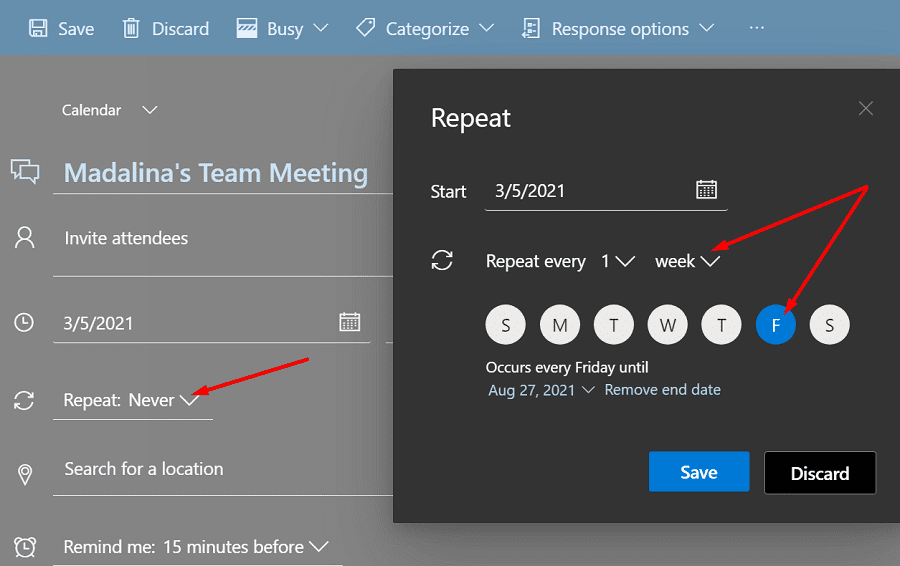 ativar o outlook das equipes de reunião recorrente