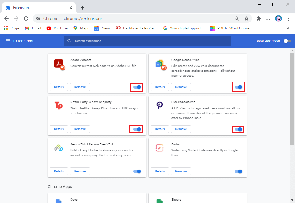 desative o botão de alternância ao lado de cada extensão para desativá-la | Corrigir nenhum problema de som no Google Chrome
