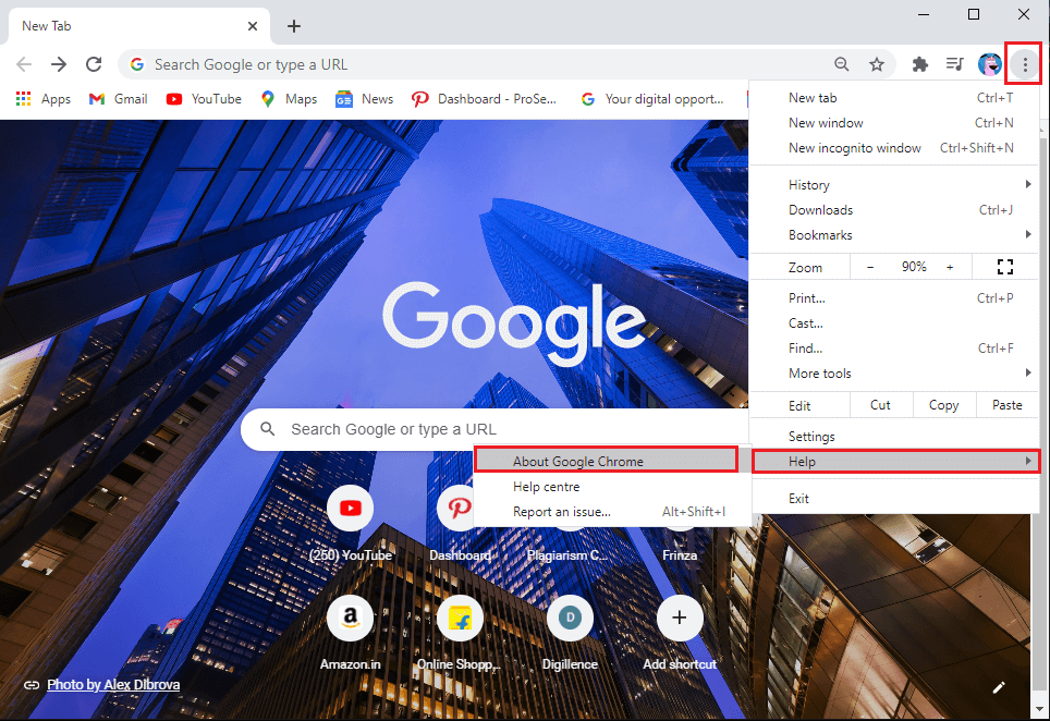 Abra o navegador Chrome e clique nos três pontos verticais no canto superior direito da tela, vá para Ajuda e selecione Sobre o Google Chrome.