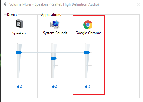 certifique-se de que o nível de volume não está mudo para o Google Chrome e que o controle deslizante de volume está definido Alto.