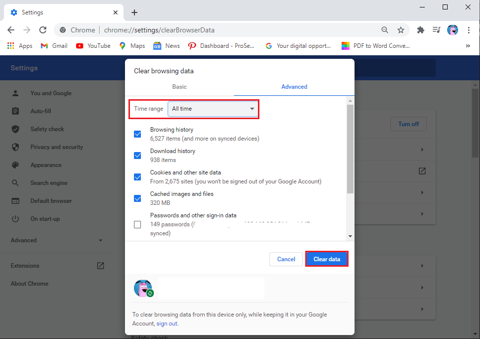 toque em Limpar dados da parte inferior. | Corrigir nenhum problema de som no Google Chrome