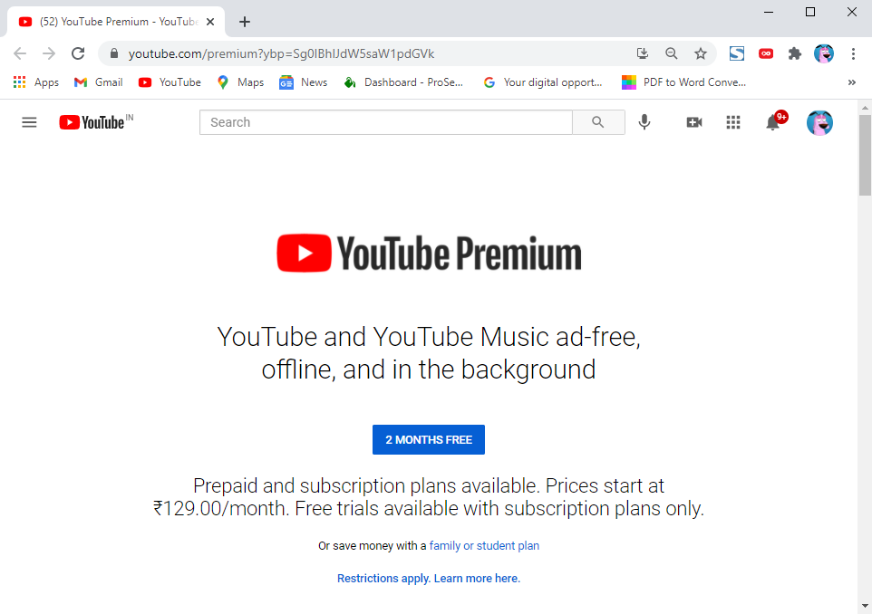 Para detalhes de preços e para se inscrever no YouTube premium