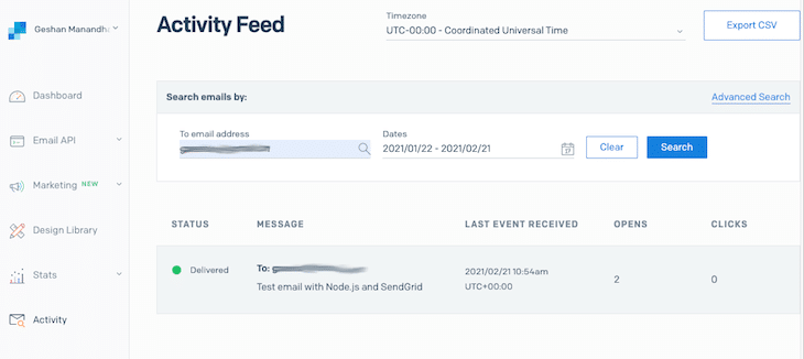 Sendgrid Email Activity Page