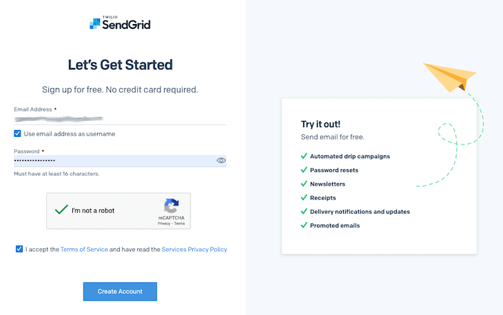 Sendgrid API conta para gerar exibição da página inicial