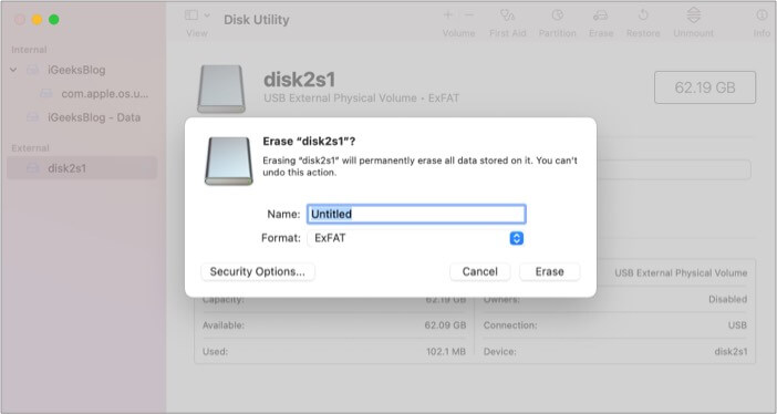 Apague seu cartão SD do Utilitário de Disco aplicativo no mac