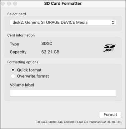 Formatar o cartão SD usando o software SD Card Formatter para Mac