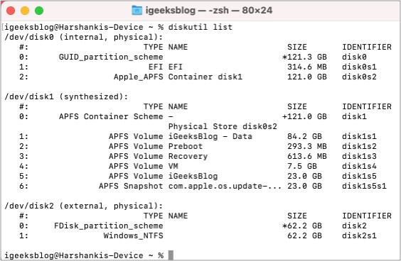 Digite a lista de diskutil na linha de comando do Mac