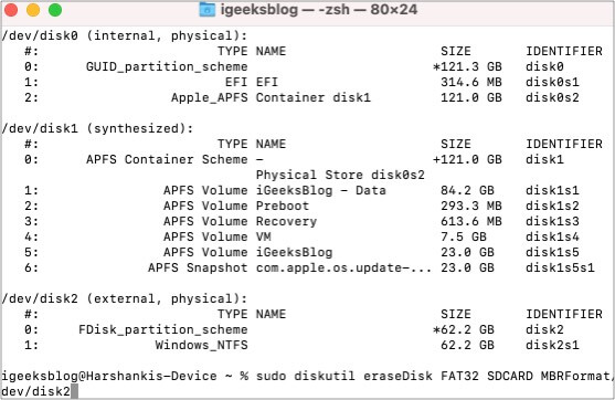 Formatar o cartão SD usando o comando Mac Linha