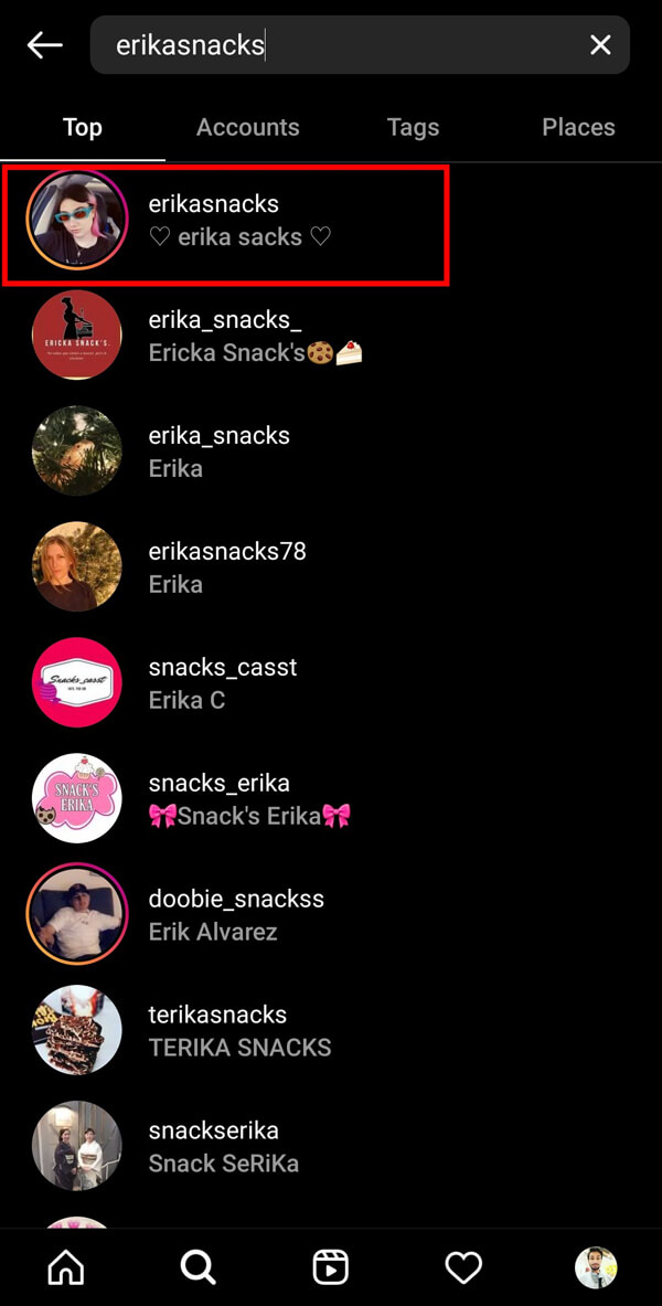 Digite erikasnacks na barra de pesquisa e abra o perfil superior de “erika sacks”. | Como obter o filtro “Onde está sua alma gêmea” no Instagram