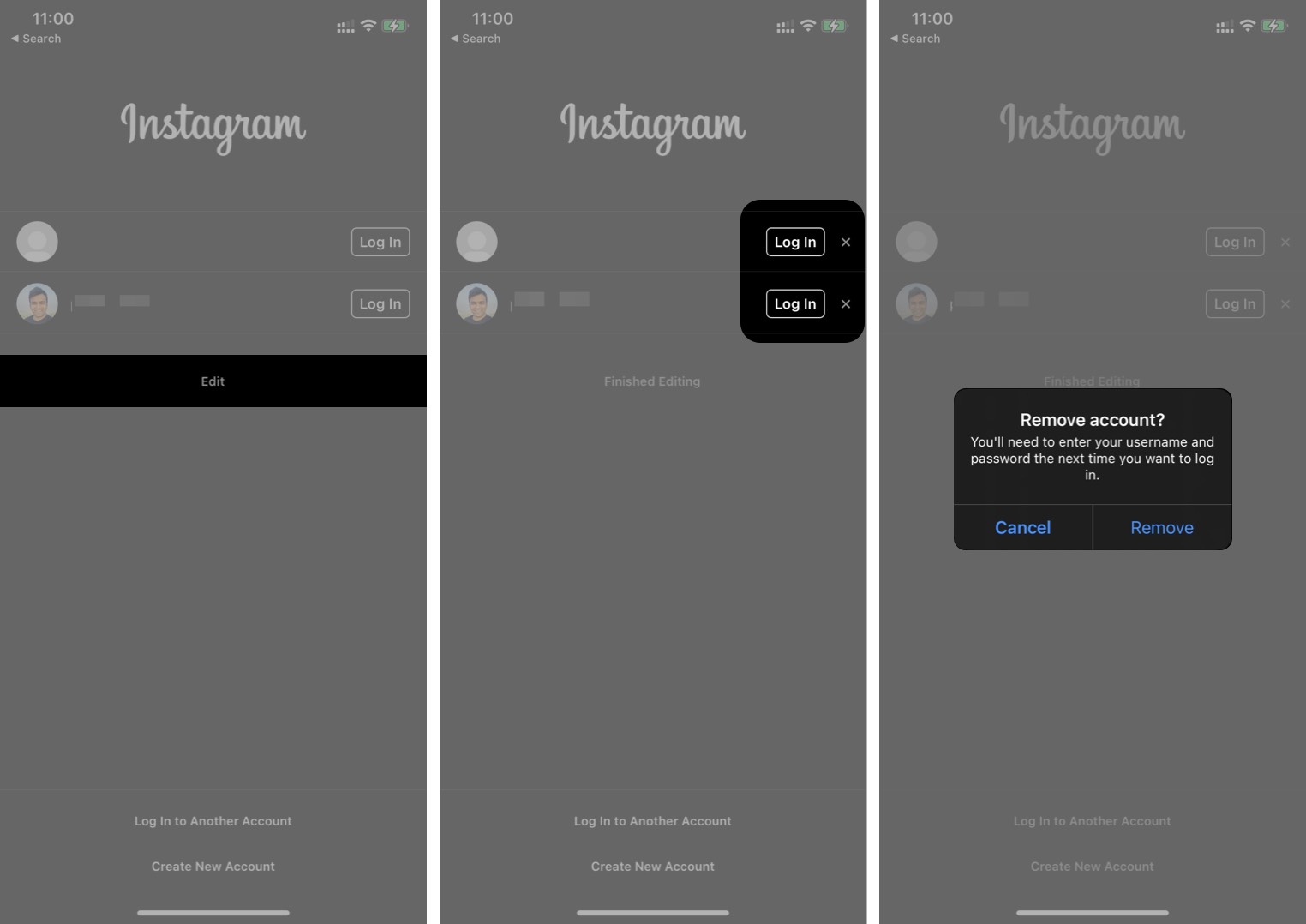 Remover informações de login de várias contas do Instagram no iPhone