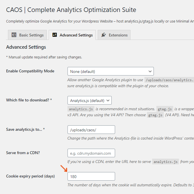 CAOS Analytics Cookie Expiry Period