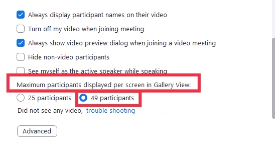 Aqui você encontrará “Máximo de participantes exibidos por tela na Gallery View”. Nesta opção, selecione “49 participantes”.