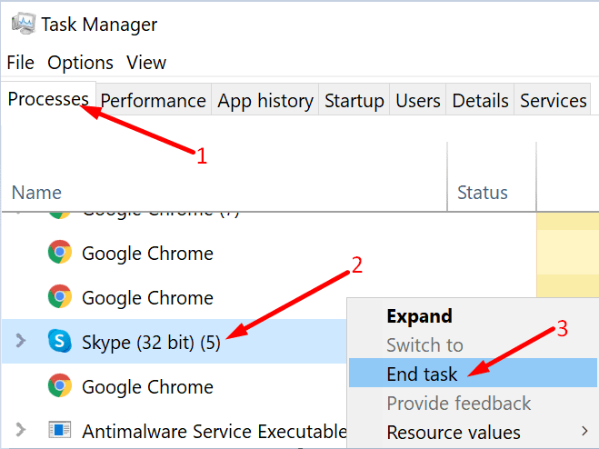 finalizar tarefa skype task manager