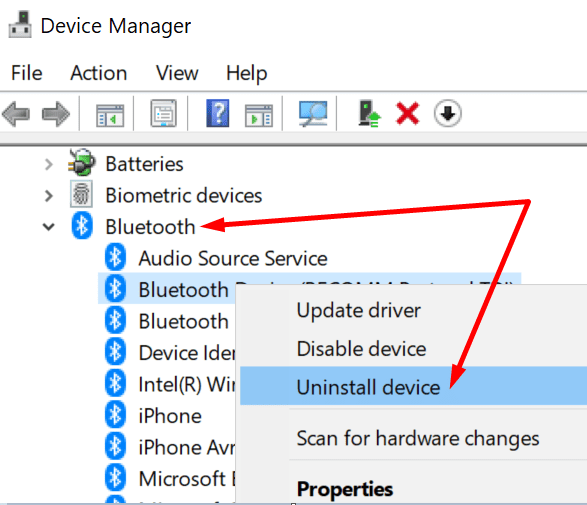 desinstalar o gerenciador de dispositivos Bluetooth