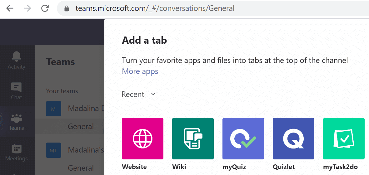 adicionar nova guia microsoft teams web