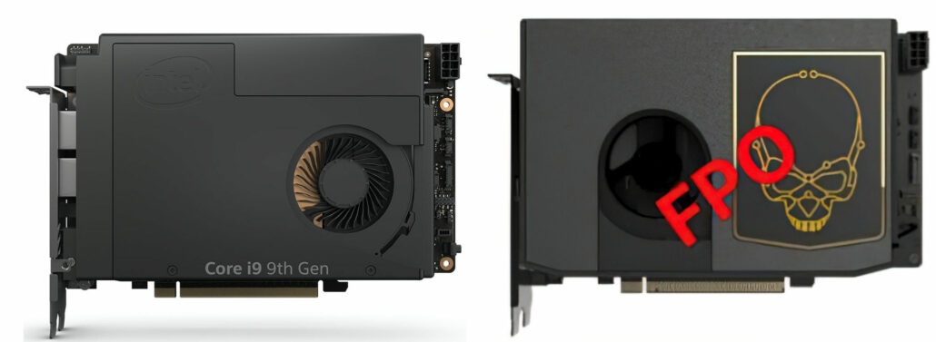 Uma comparação visual do Intel Compute Element NUC 9 Extreme (à esquerda) com o Intel NUC 11 Extreme (à direita).