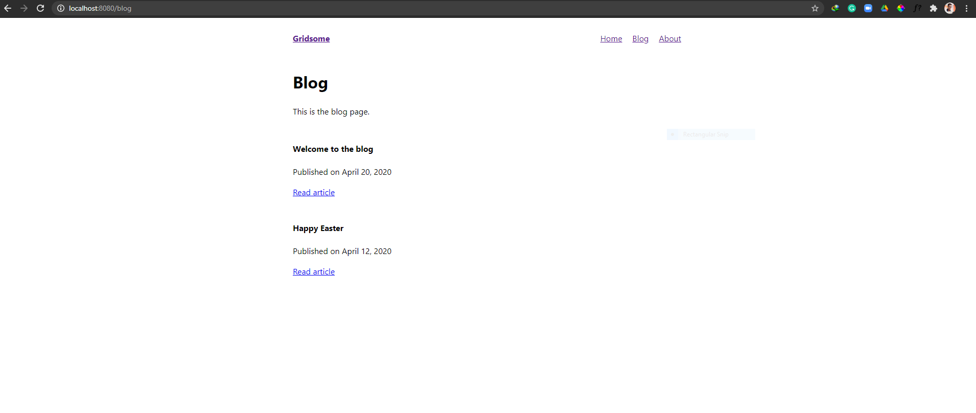 Screenshot of empty Gridsome blog page