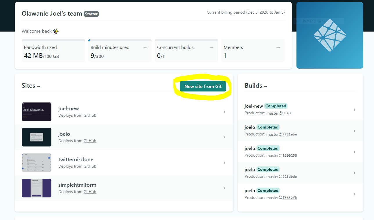 Screenshot of Netlify page with New Site From Git button highlighted