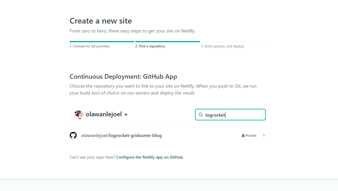 Screenshot of create new site page on netlify