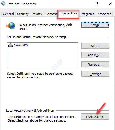 Propriedades da Internet Configurações da guia de conexões da LAN