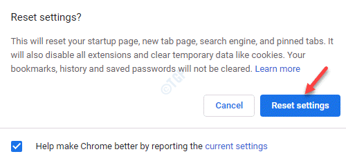 Prompt de redefinição de configurações Redefinir configurações