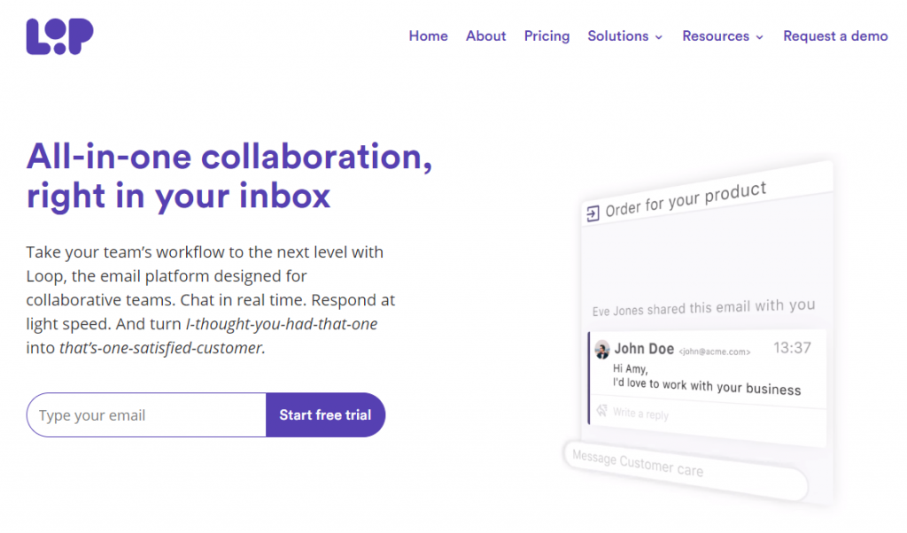Loop homepage featuring an all-in-one collaboration, right in your inbox app