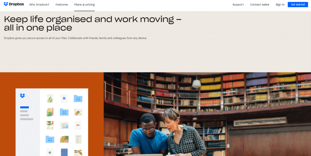 Dropbox homepage featuring keeping life organized and work moving-all in one place