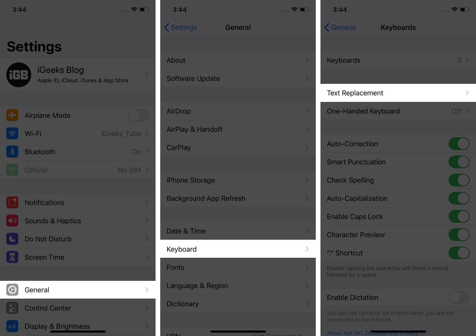 toque no teclado geral e, em seguida, toque em substituição de texto nas configurações em iphone